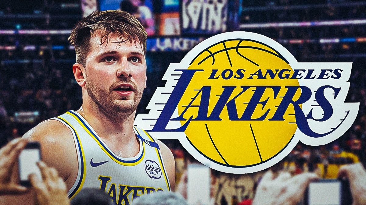 Lakers Luka Doncic looking serious. Place the Lakers 2024-25 logo in background.