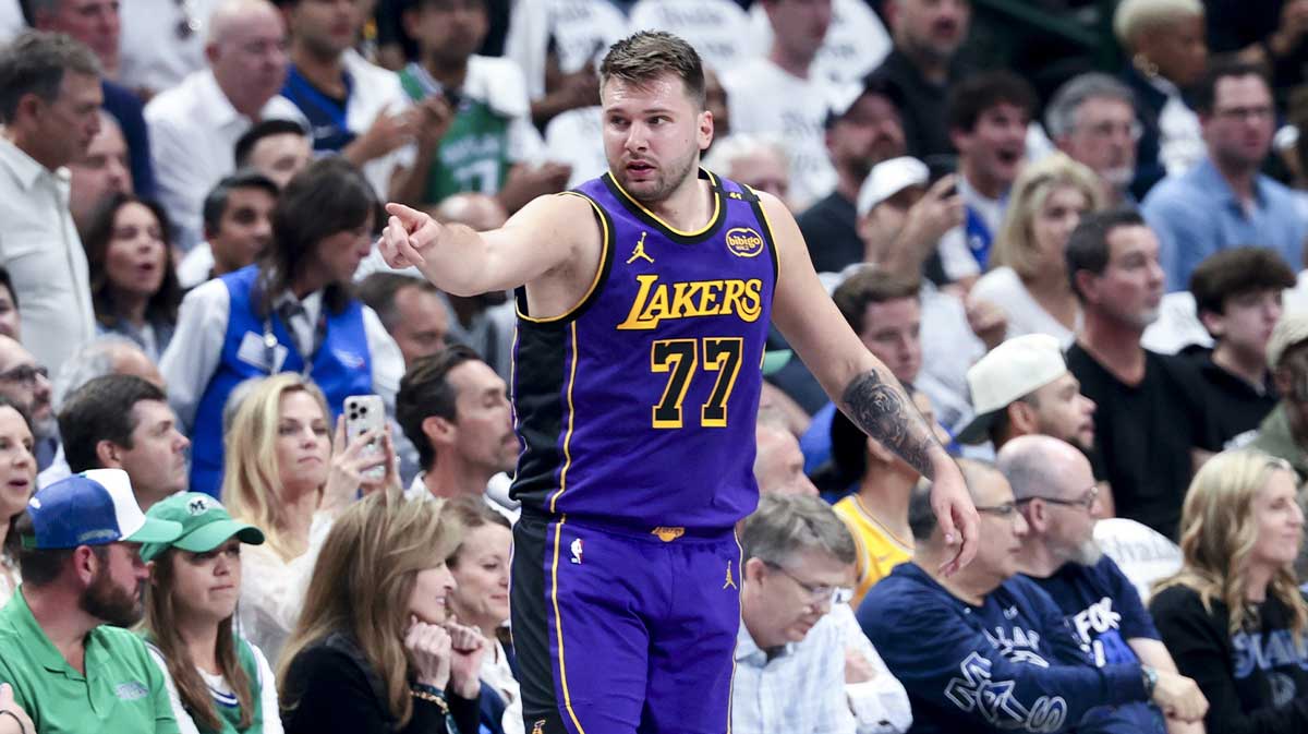 Los Angeles Lakers guard Luka Doncic (77) reacts during the first quarter against the Dallas Mavericks at American Airlines Center.