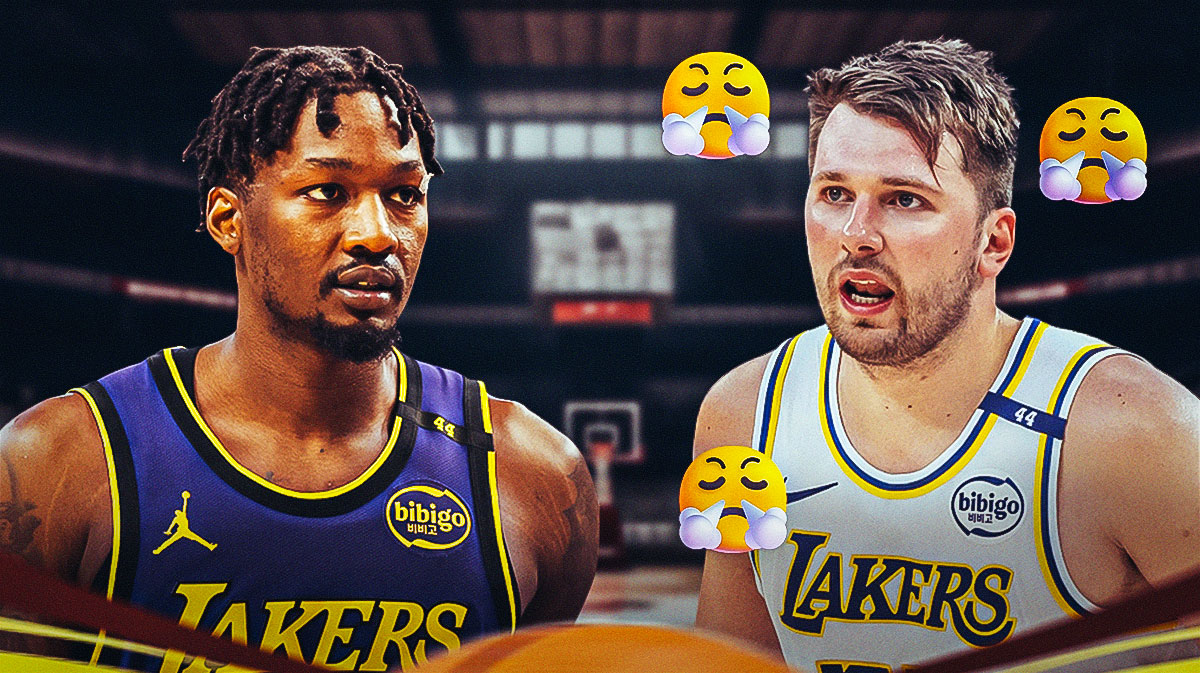 Luka Doncic in a Lakers uniform with Dorian Finney-Smith next to him, who is also in a Lakers uniform. Around Doncic, this emoji is by him (😤)