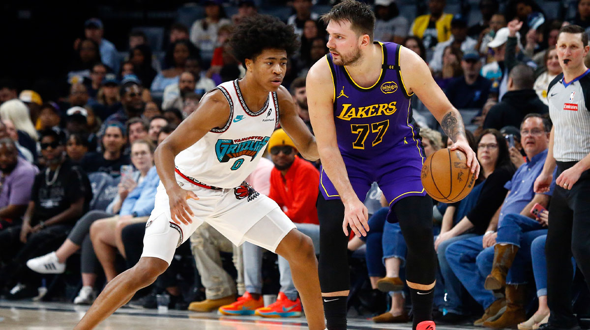 Los Angeles Lakers guard Luka Doncic (77) dribbles as Memphis Grizzlies forward Jaylen Wells (0) defends during the fourth quarter at FedExForum.