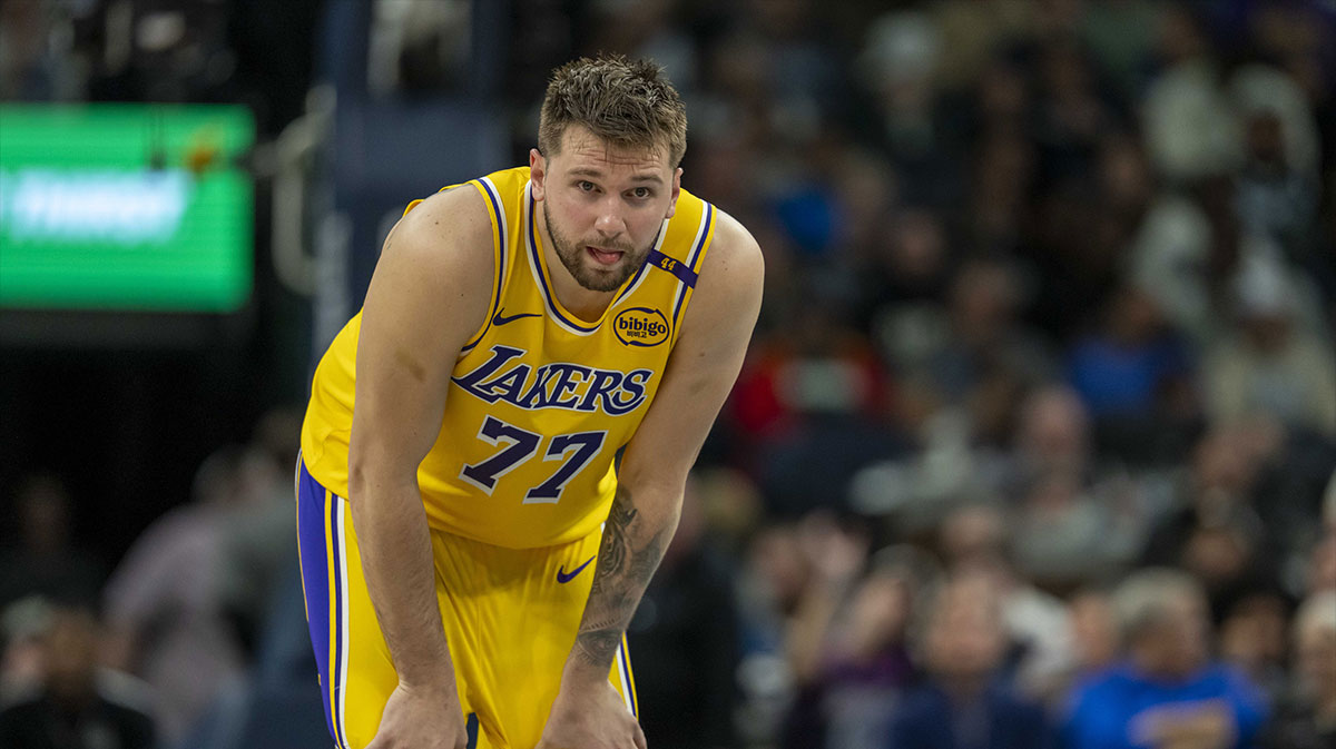 Los Angeles Lakers guard Luka Doncic (77) looks on against the Minnesota Timberwolves in the first half during game three of first round for the 2024 NBA Playoffs at Target Center.