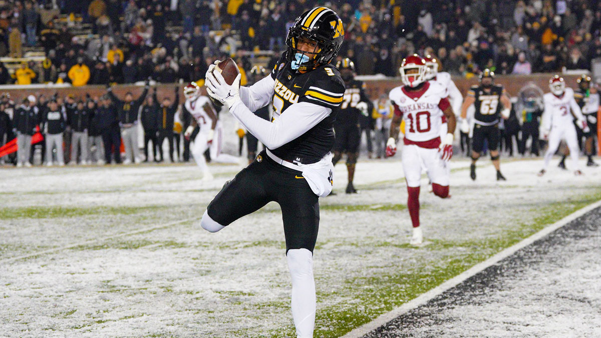 Missouri Tigers wide receiver Luther Burden III (3) catches a pass for a two point conversion against the Arkansas Razorbacks during the second half at Faurot Field at Memorial Stadium. Mandatory Credit: Denny Medley-Imagn Images