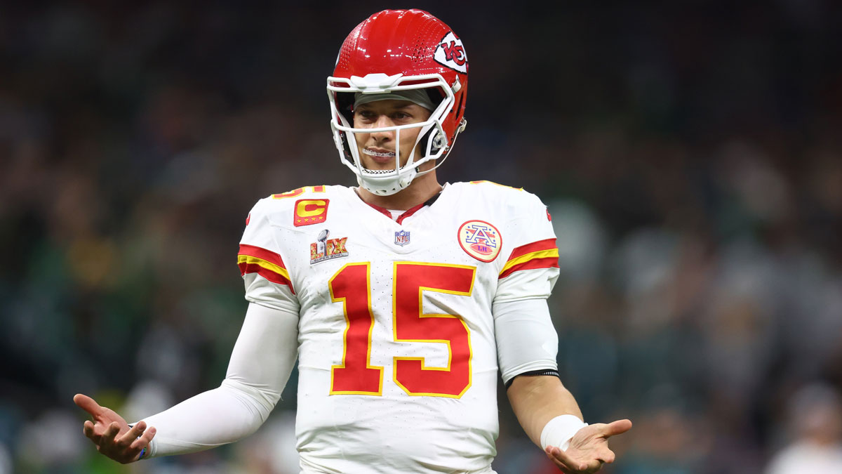 Kansas City Chiefs quarterback Patrick Mahomes (15) reacts in the fourth quarter against the Philadelphia Eagles in Super Bowl LIX at Ceasars Superdome.