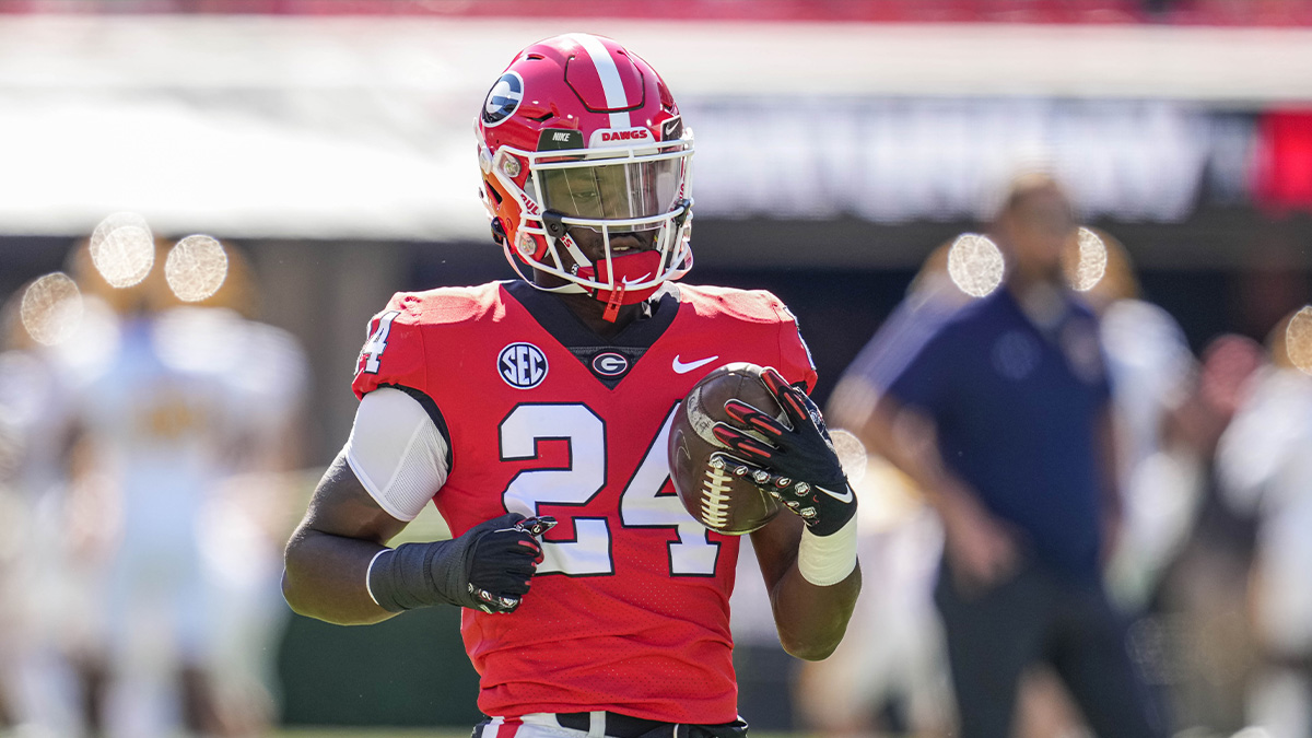 Georgia Bulldogs defensive back Malaki Starks (24) warms up before the game against the Kent State Golden Flashes at Sanford Stadium.