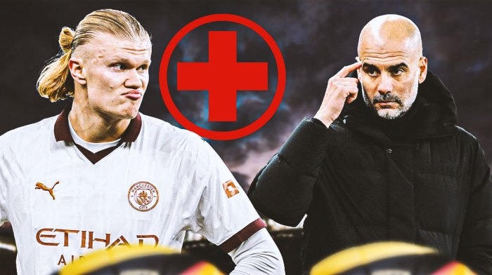 Manchester City striker Erling Haaland with a medical red cross next to him and Pep Guardiola looking sad
