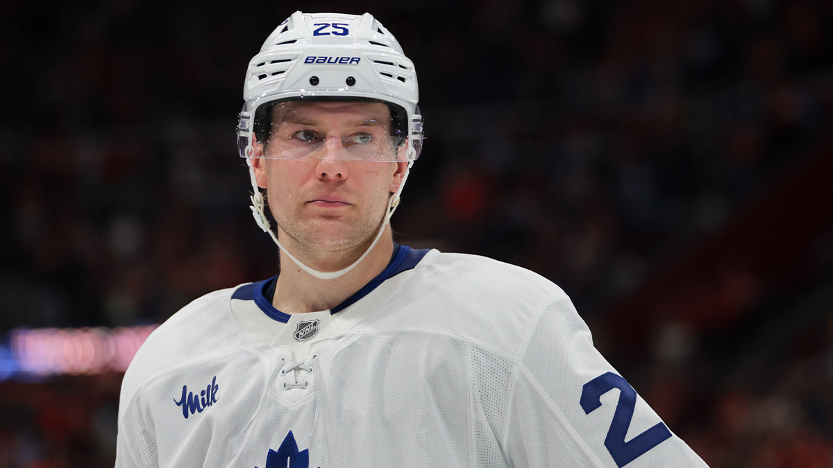Toronto Maple Leafs defenseman Brandon Carlo (25) looks on against the Florida Panthers during the second period at Amerant Bank Arena.
