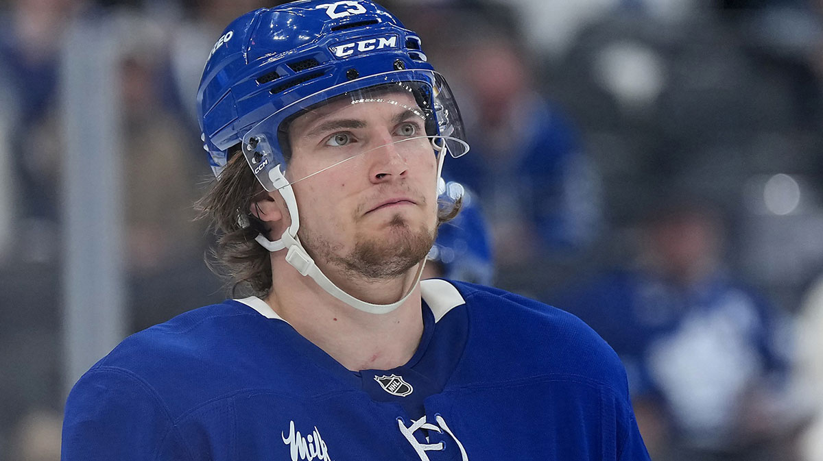 Toronto Maple Leafs left wing Matthew Knies (23) waits for a face-off against the Ottawa Senators in the third period during game five of the first round of the 2025 Stanley Cup Playoffs at Scotiabank Arena.