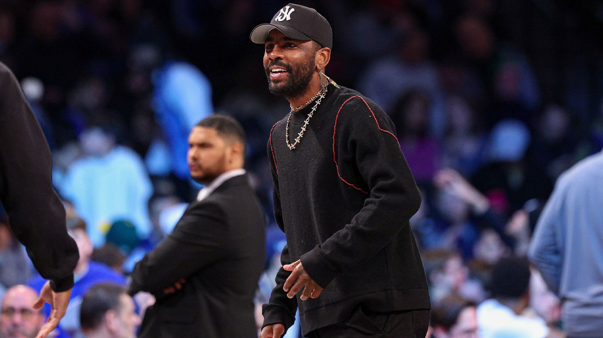 Mar 24, 2025; Brooklyn, New York, USA; Dallas Mavericks guard Kyrie Irving (11) looks on during the first quarter against the Brooklyn Nets at Barclays Center. Mandatory Credit: Vincent Carchietta-Imagn Images