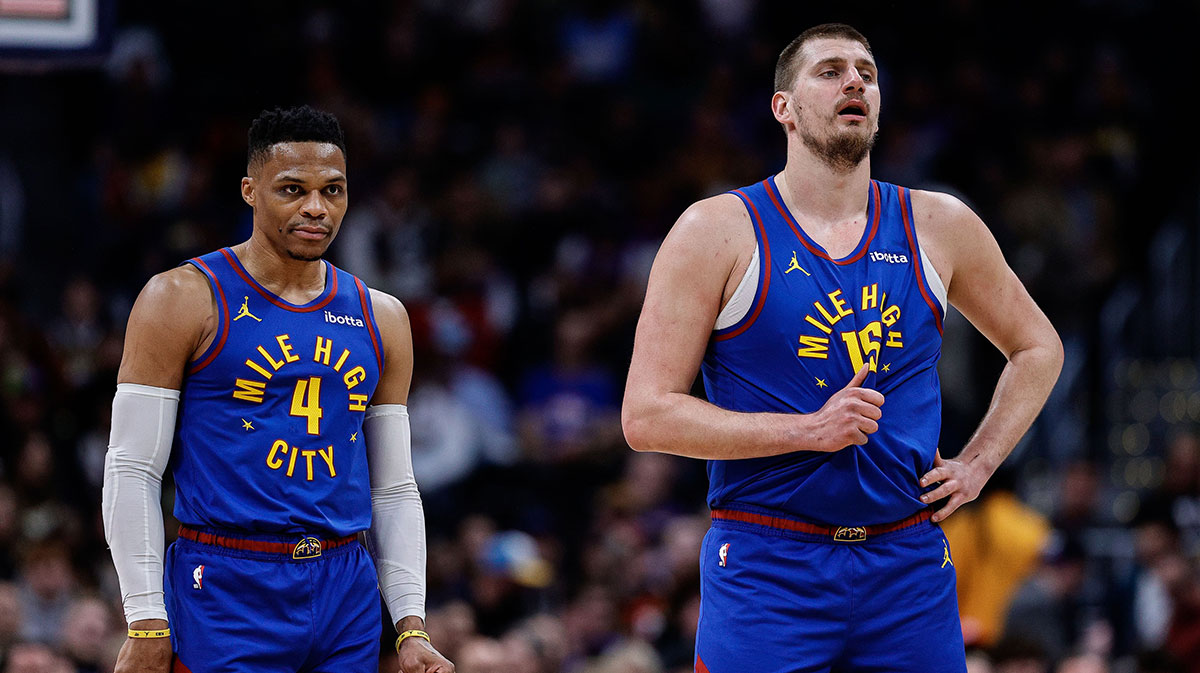 Denver Nuggets guard Russell Westbrook (4) and center Nikola Jokic (15) in the first quarter against the Sacramento Kings at Ball Arena.