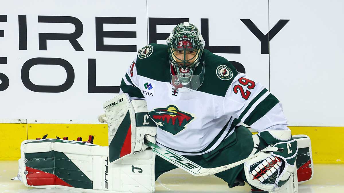 Minnesota Wild goaltender Marc-Andre Fleury (29) during the warmup period against the Calgary Flames at Scotiabank Saddledome.