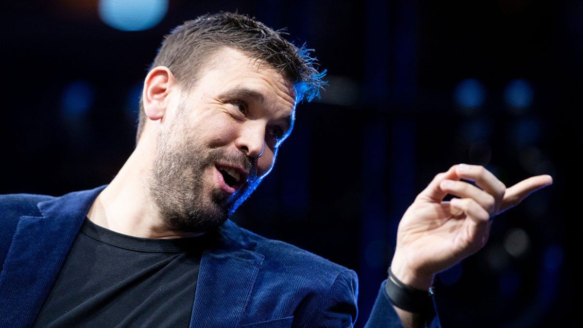 Former Grizzlies player Marc Gasol smiles while speaking with the other “Core Four” players during his jersey retirement ceremony at FedExForum in Memphis, Tenn., on Saturday, April 6, 2024.