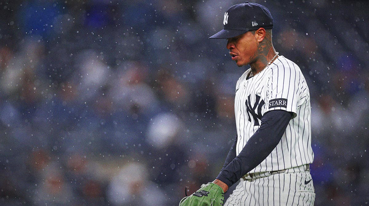 New York Yankees starting pitcher Marcus Stroman (0) walks off after being relieved during the first inning against the San Francisco Giants at Yankee Stadium.
