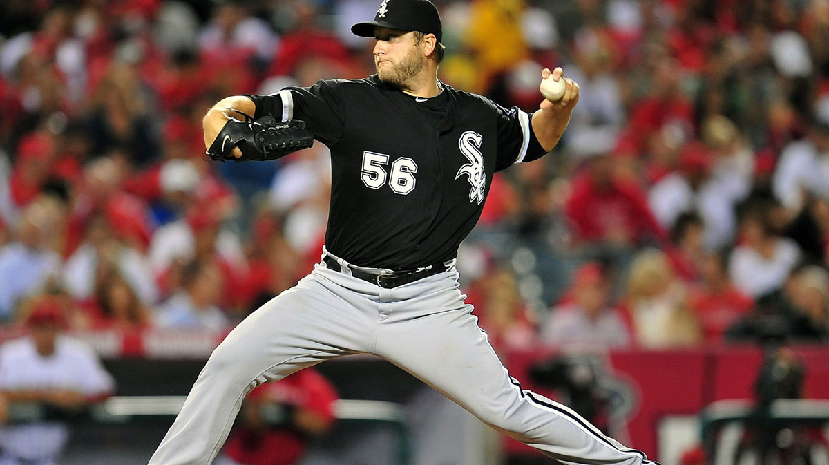 Chicago White Sox starting pitcher Mark Buehrle (56) pitches in the fourth inning against the Los Angeles Angels at Angel Stadium.