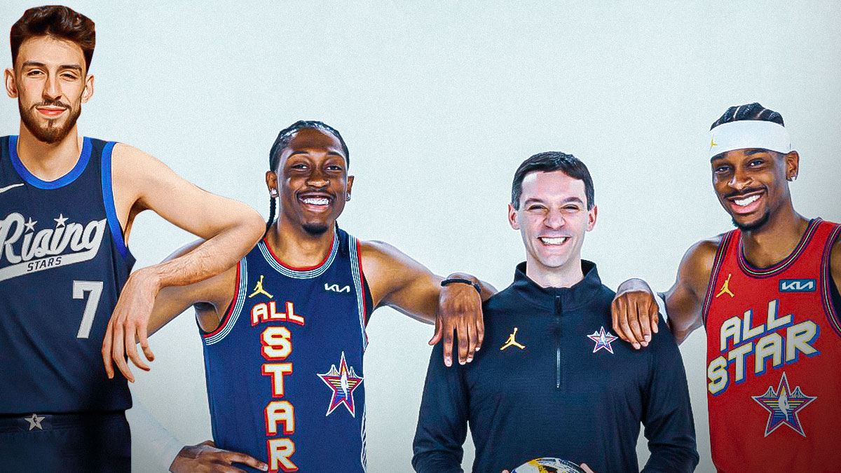 Thunder head coach Mark Daigneault in between Thunder All-Star Shai Gilgeous-Alexander, Thunder All-Star Jalen Williams, and Thunder forward Chet Holmgren with the Thunder logo in the background