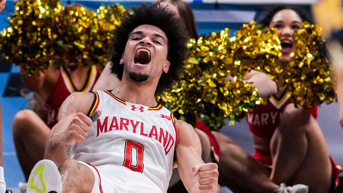 Maryland Terrapins guard Ja'Kobi Gillespie (0) celebrates after scoring Saturday, March 15, 2025, in a semifinals game at the 2025 TIAA Big Ten Men’s Basketball Tournament between the Michigan Wolverines and the Maryland Terrapins at Gainbridge Fieldhouse in Indianapolis. The Michigan Wolverines defeated the Maryland Terrapins, 81-80.