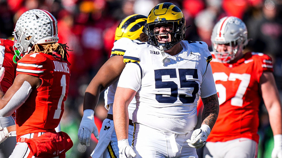 Michigan defensive lineman Mason Graham (55) celebrates a play against Ohio State during the second half at Ohio Stadium