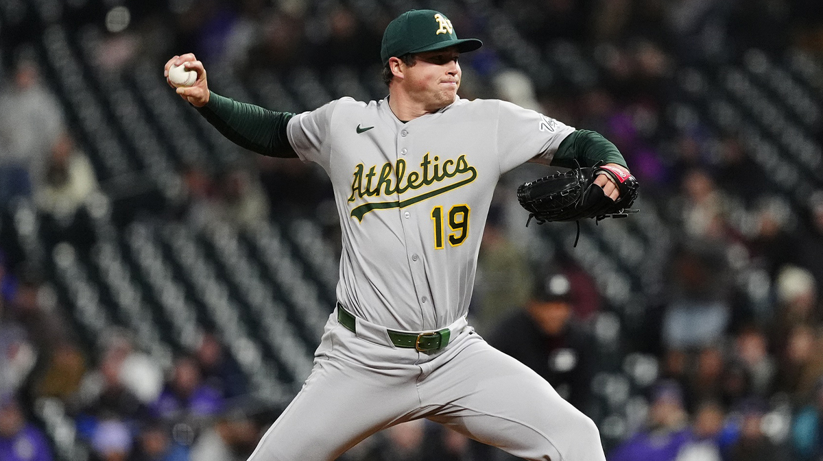 Athletics relief pitcher Mason Miller (19) delivers a pitch in the ninth inning against the Colorado Rockies at Coors Field.