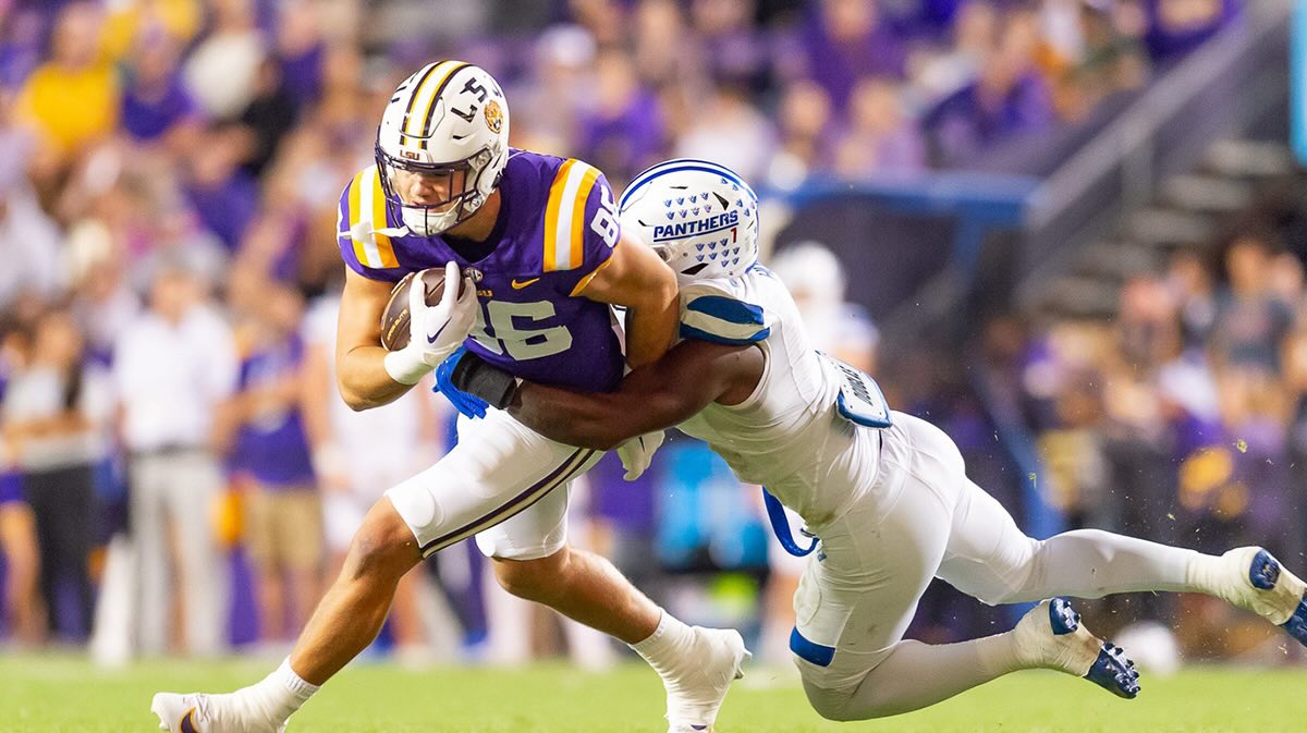 Tight end Mason Taylor 86 runs the ball as the LSU Tigers take on Georgia State in Tiger Stadium in Baton Rouge, Louisiana.