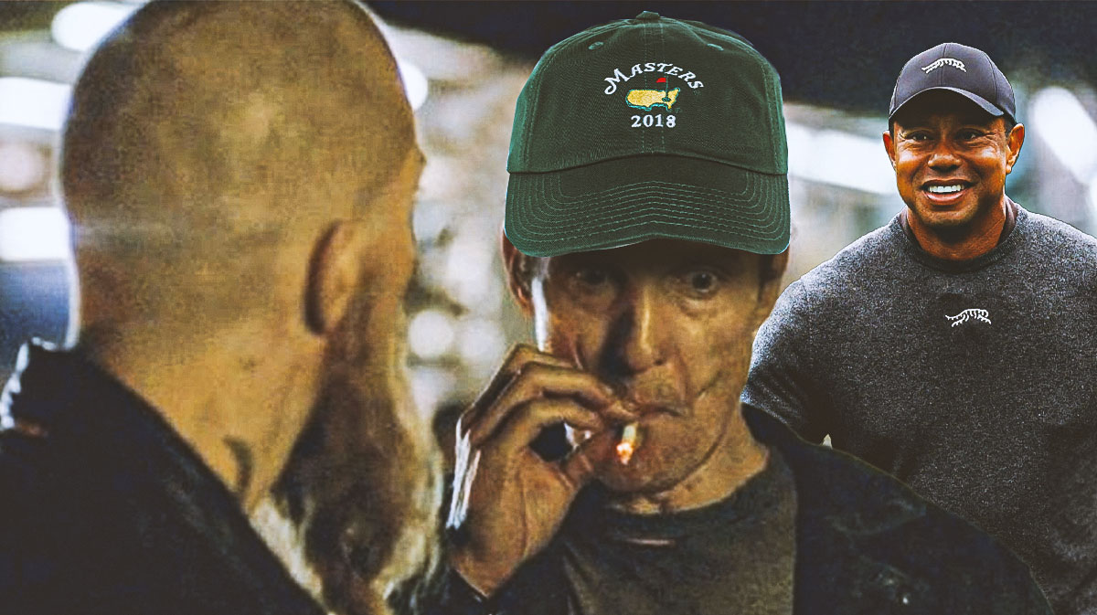 The Matthew McConaughey meme but add a Masters Tournament hat, Tiger Woods in the background.
