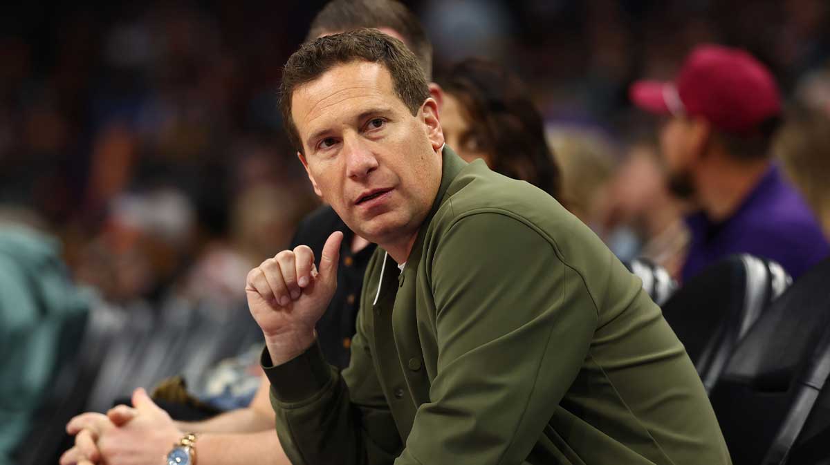 Dec 19, 2024; Phoenix, Arizona, USA; Phoenix Suns owner Mat Ishbia sits courtside against the Indiana Pacers at Footprint Center.