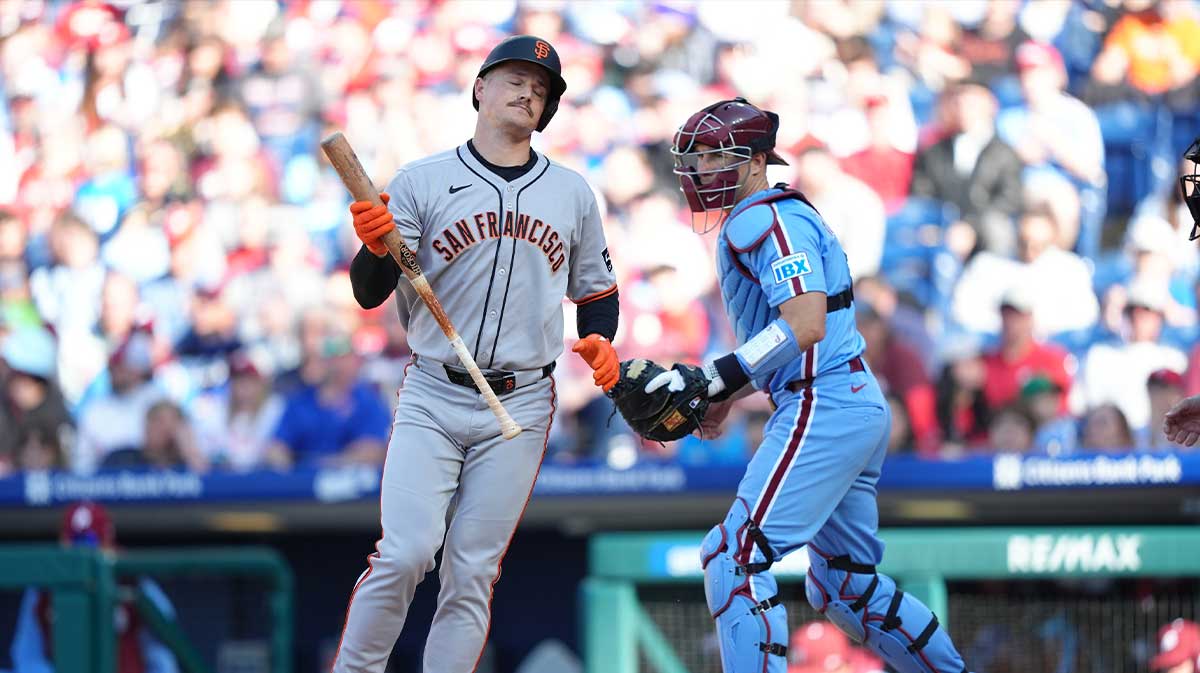 San Francisco Giants infielder Matt Chapman (26) reacts after striking out against the Philadelphia Phillies in the fourth inning at Citizens Bank Park.