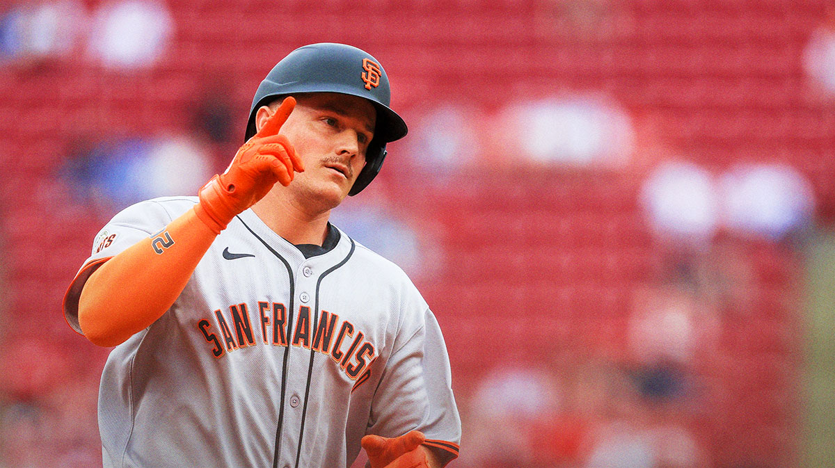 San Francisco Giants third baseman Matt Chapman (26) reacts after hitting a two-run home run in the sixth inning against the Cincinnati Reds at Great American Ball Park.