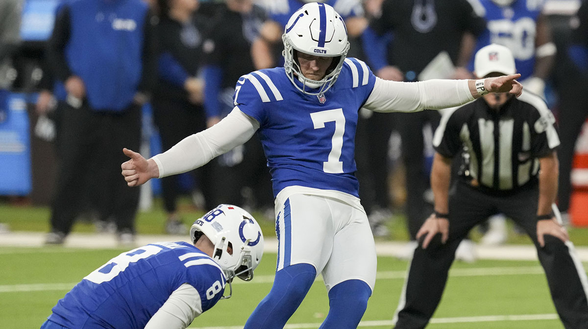 Indianapolis Colts place kicker Matt Gay (7) kicks a field goal in overtime Sunday, Jan. 5, 2025, during a game against the Jacksonville Jaguars at Lucas Oil Stadium in Indianapolis.
