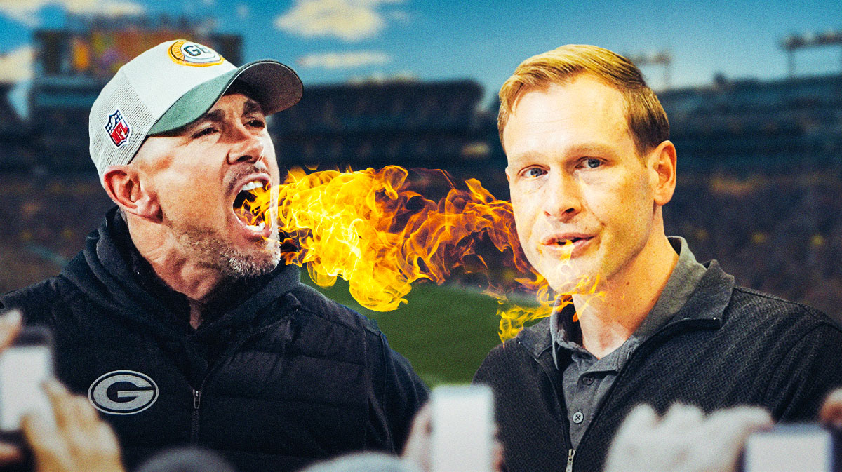 Matt LaFleur spitting fire out of his mouth. Ben Johnson next to him.