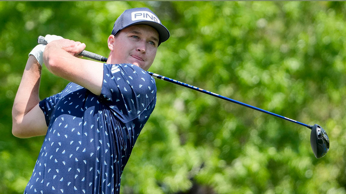Matt McCarty tees off on no. 5 during the first round of the Masters Tournament.