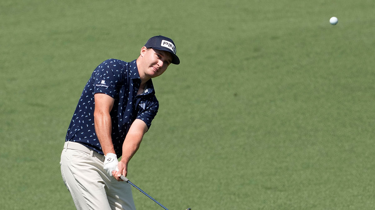 Matt McCarty chips on the second hole during the first round of the Masters Tournament.