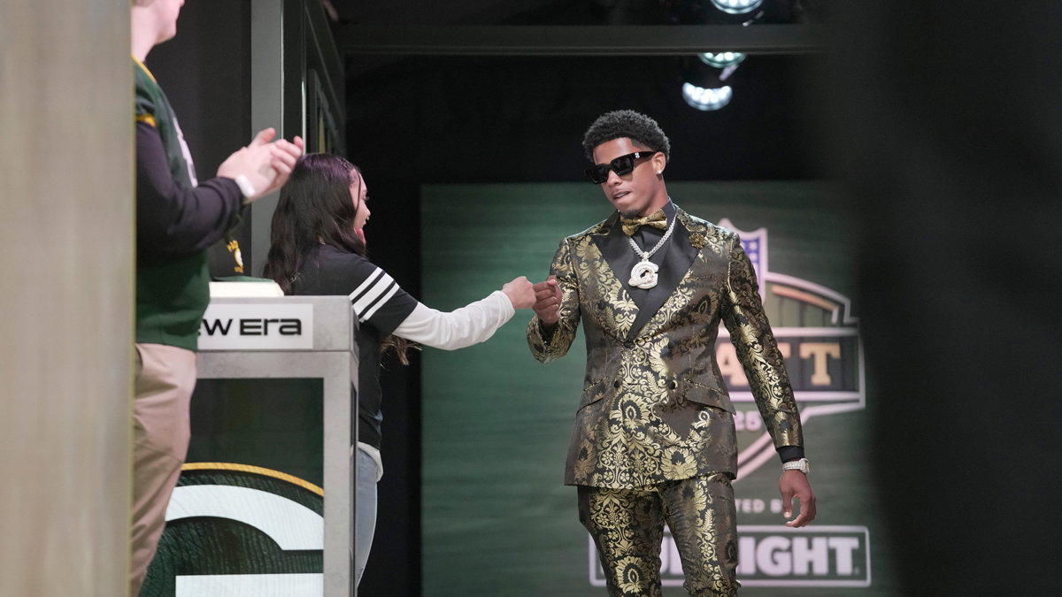 Wide receiver Matthew Golden of Texas heads to the stage after being selected as the 23rd overall pick by the Green Bay Packers during the first round of the 2025 NFL Draft at Lambeau Field