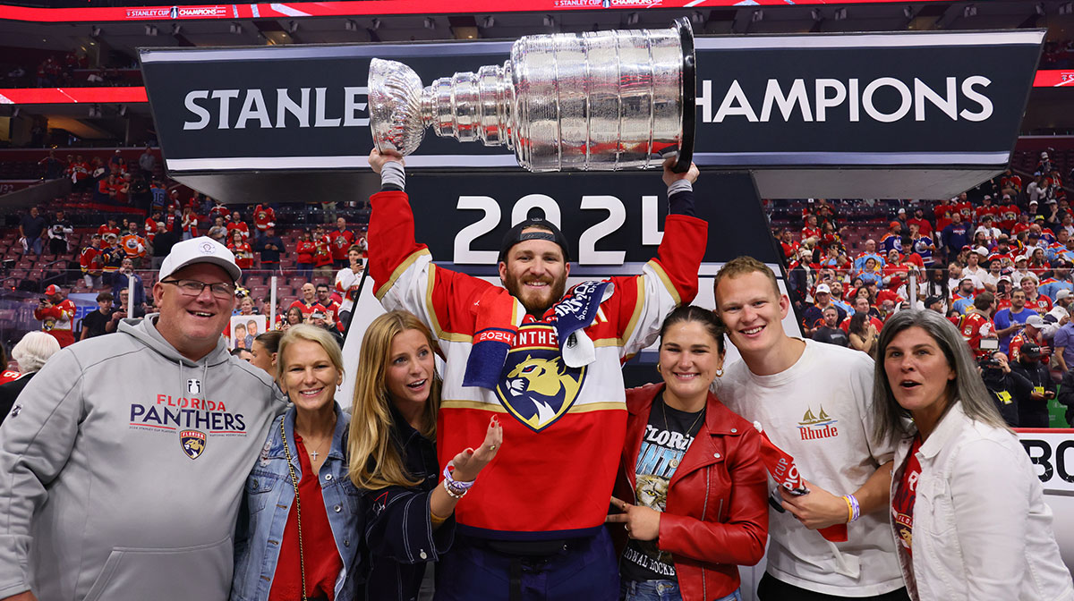 Florida Panthers forward Matthew Tkachuk (19) celebrates winning the Stanley Cup after defeating the Edmonton Oilers in game seven of the 2024 Stanley Cup Final at Amerant Bank Arena
