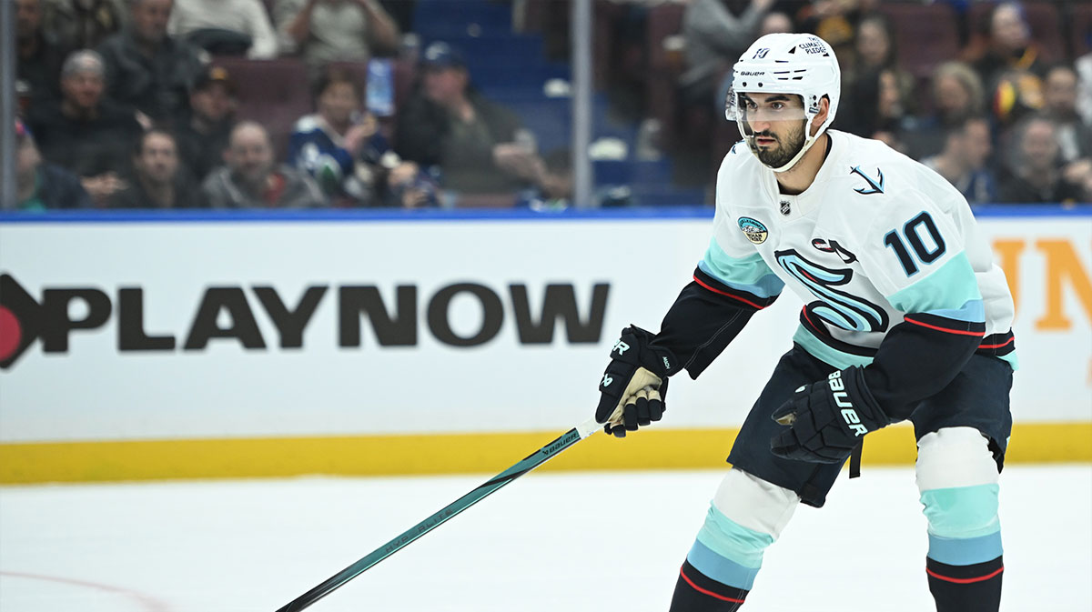 Seattle Kraken forward Matty Beniers (10) skates against the Vancouver Canucks during the first period at Rogers Arena.