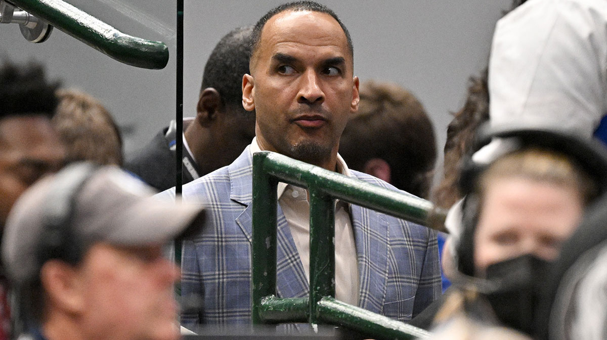 Mavericks general manager Nico Harrison during the game between the Dallas Mavericks and the Los Angeles Lakers at American Airlines Center next to Lakers' Luka Doncic