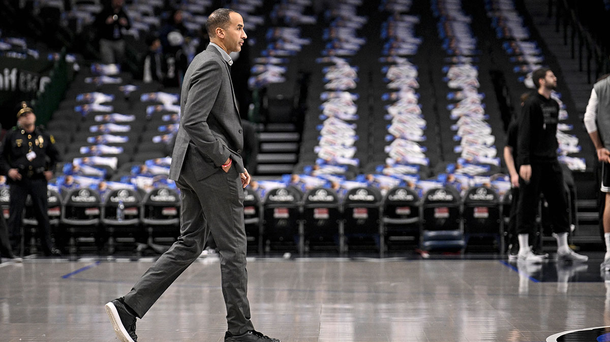 Dallas Mavericks general manager Nico Harrison walks on to the court before the game between the Dallas and the Sacramento Kings at the American Airlines Center.