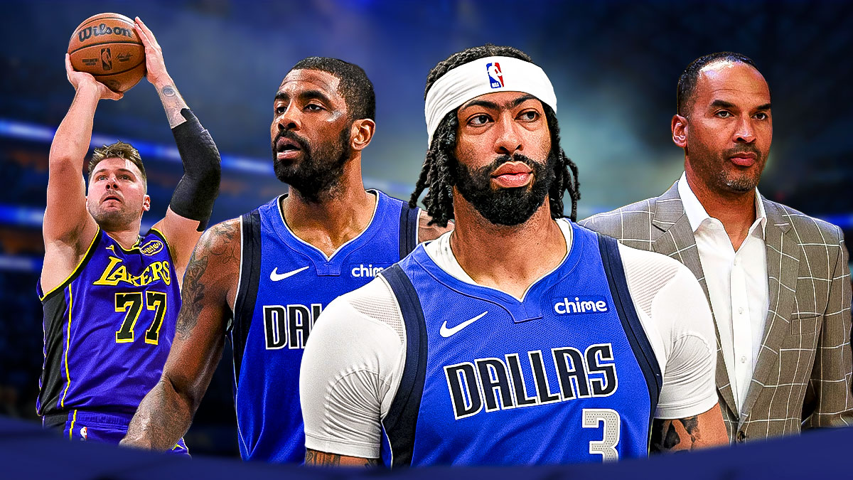Lakers Luka Doncic in background shooting a basketball. Mavericks Anthony Davis in front looking angry/upset. Mavericks Kyrie Irving in front looking upset. Mavericks Nico Harrison in front looking upset.