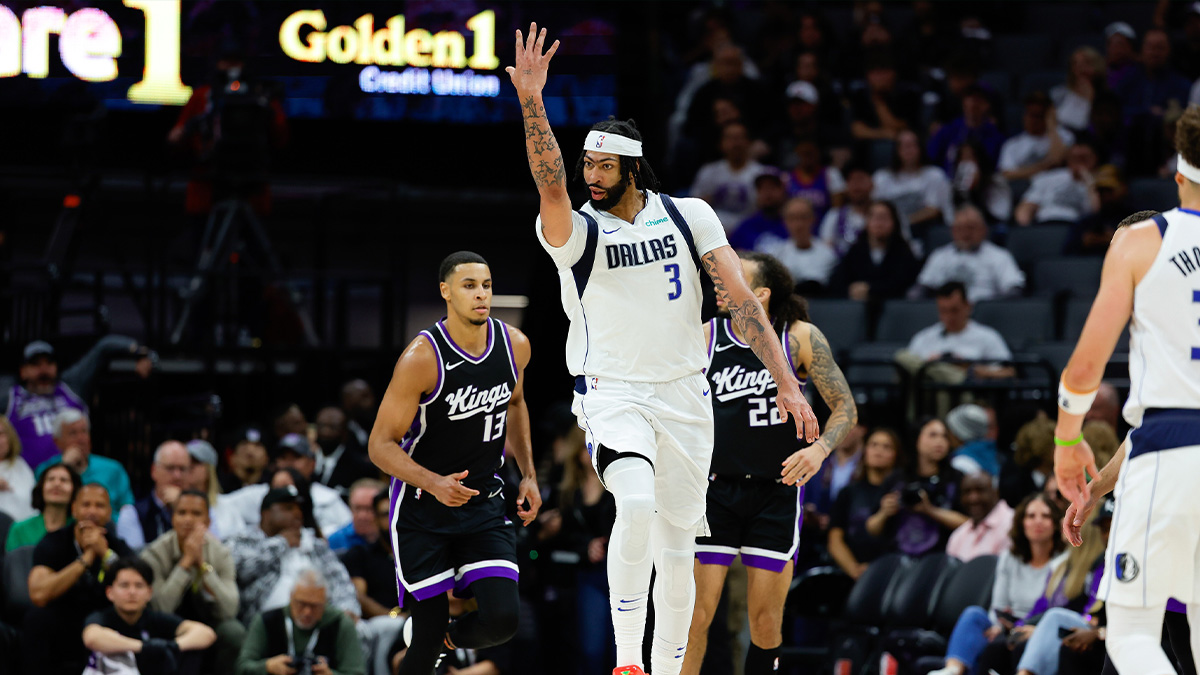 Dallas Mavericks forward Anthony Davis (3) celebrates after scoring a basket during the fourth quarter against the Sacramento Kings at Golden 1 Center.