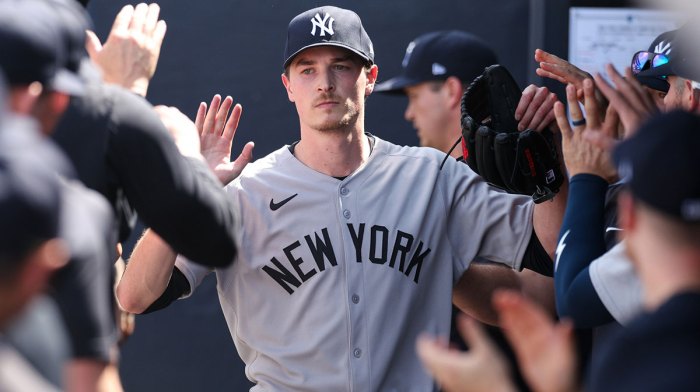 New York Yankees starting pitcher Max Fried (54) leaves a game against the Tampa Bay Rays in the eighth inning at George M. Steinbrenner Field
