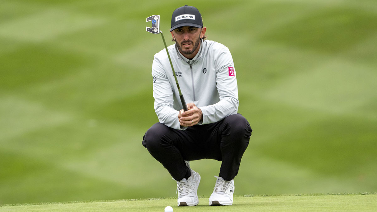 Max Homa lines up his putt on the 18th hole during the second round of the AT&T Pebble Beach Pro-Am golf tournament at Spyglass Hill Golf Course.