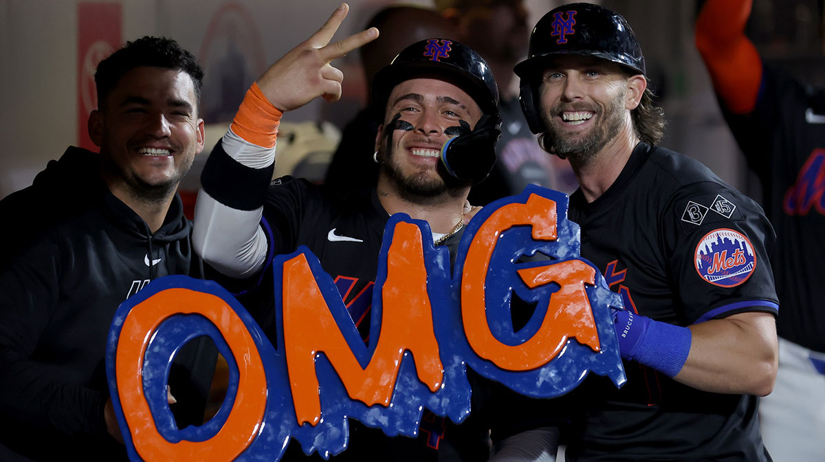 Aug 16, 2024; New York City, New York, USA; New York Mets second baseman Jeff McNeil (1) celebrates his two run home run against the Miami Marlins in the dugout with infielder Jose Iglesias (11) and catcher Francisco Alvarez (4) during the fourth inning at Citi Field.