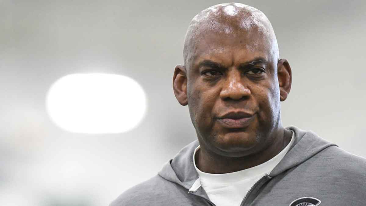MSU football coach Mel Tucker pictured during the first day of spring practice at the indoor