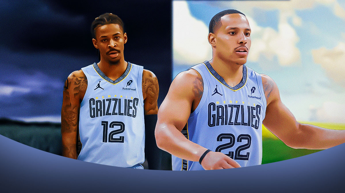Grizzlies' Desmond Bane with a sunny background on one side and Ja Morant with a stormy background on the other side.