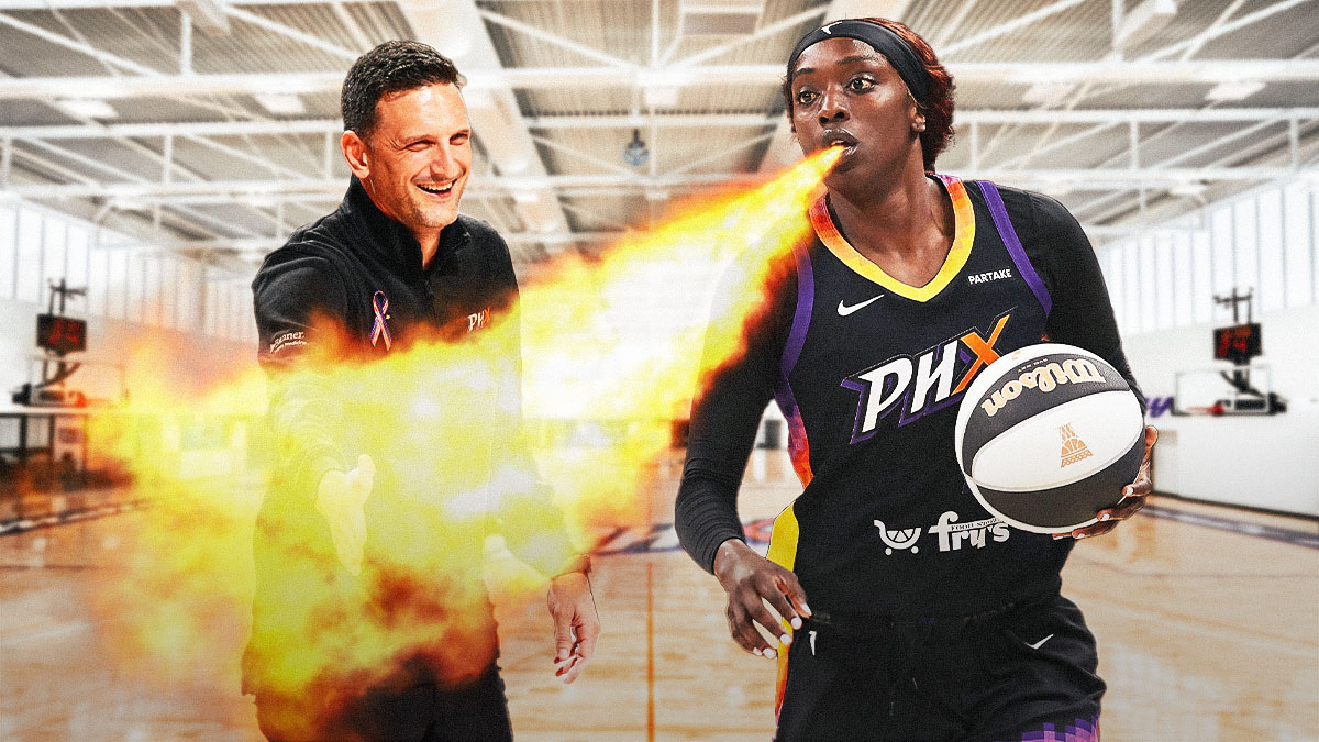 Mercury guard Kahleah Copper while she's breathing fire, and head coach Nate Tibbetts smiling next to her, with a background of the Mercury practice facility.