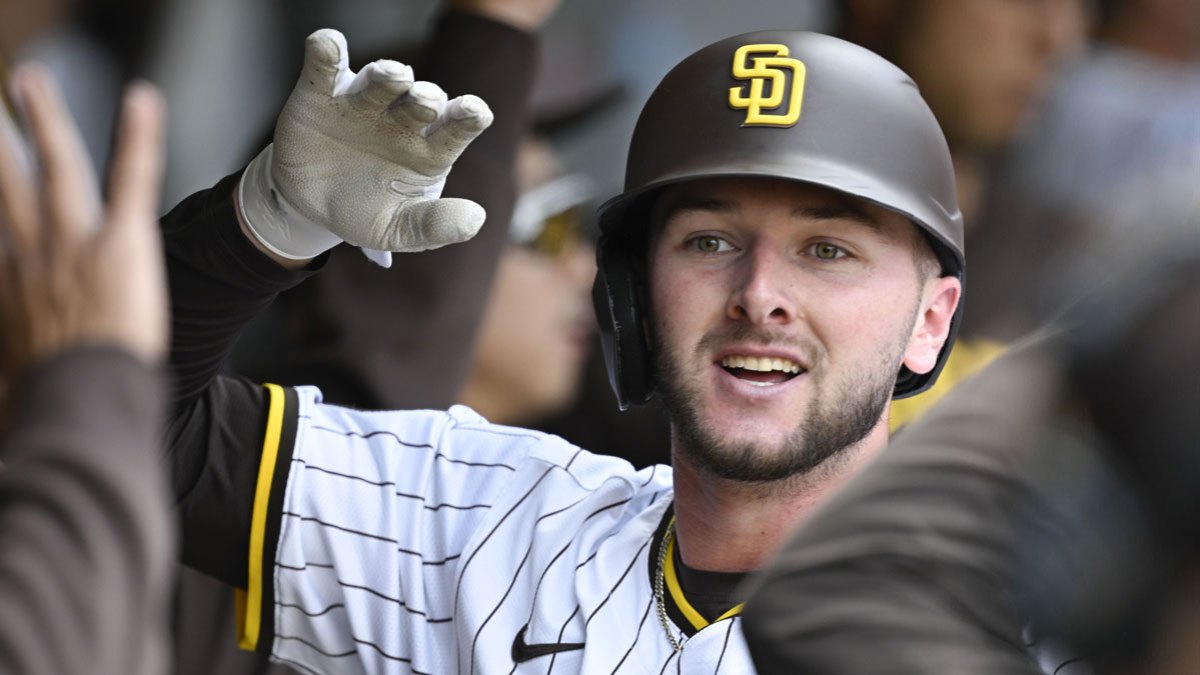 San Diego Padres center fielder Jackson Merrill (3) celebrates after hitting a two-run home run during the fourth inning the Cleveland Guardians at Petco Park