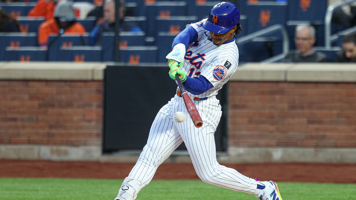 New York Mets shortstop Francisco Lindor (12) singles during the first inning against the St. Louis Cardinals at Citi Field