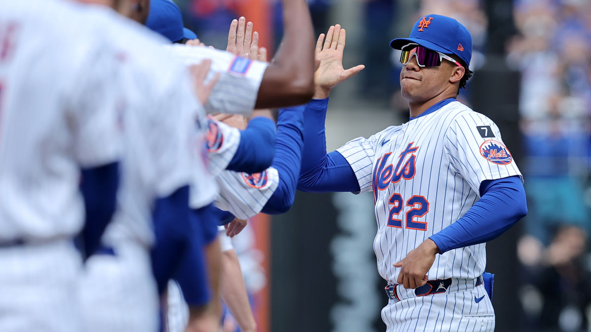 New York Mets right fielder Juan Soto (22) is introduced before the Mets home opener against the Toronto Blue Jays at Citi Field.