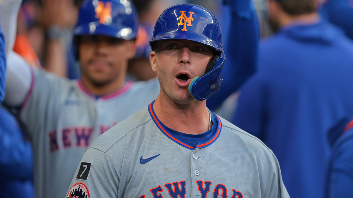 New York Mets first baseman Pete Alonso (20) celebrates after hitting a three-run home run against the Miami Marlins during the eighth inning at loanDepot Park