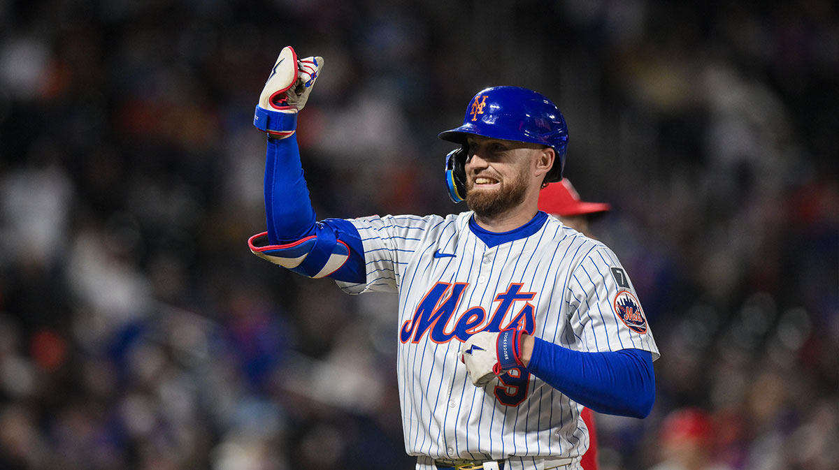 New York Mets outfielder Brandon Nimmo (9) reacts after hitting a single against the Philadelphia Phillies during the sixth inning at Citi Field.