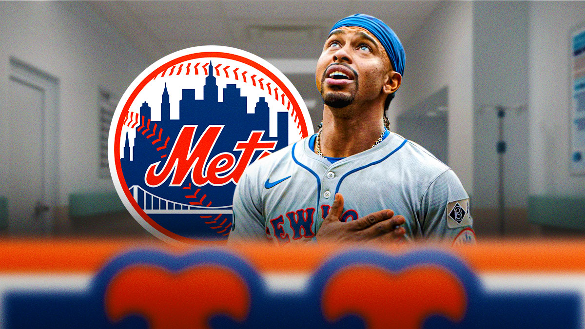 Francisco Lindor with Mets logo behind him. Put a hospital in the background too.