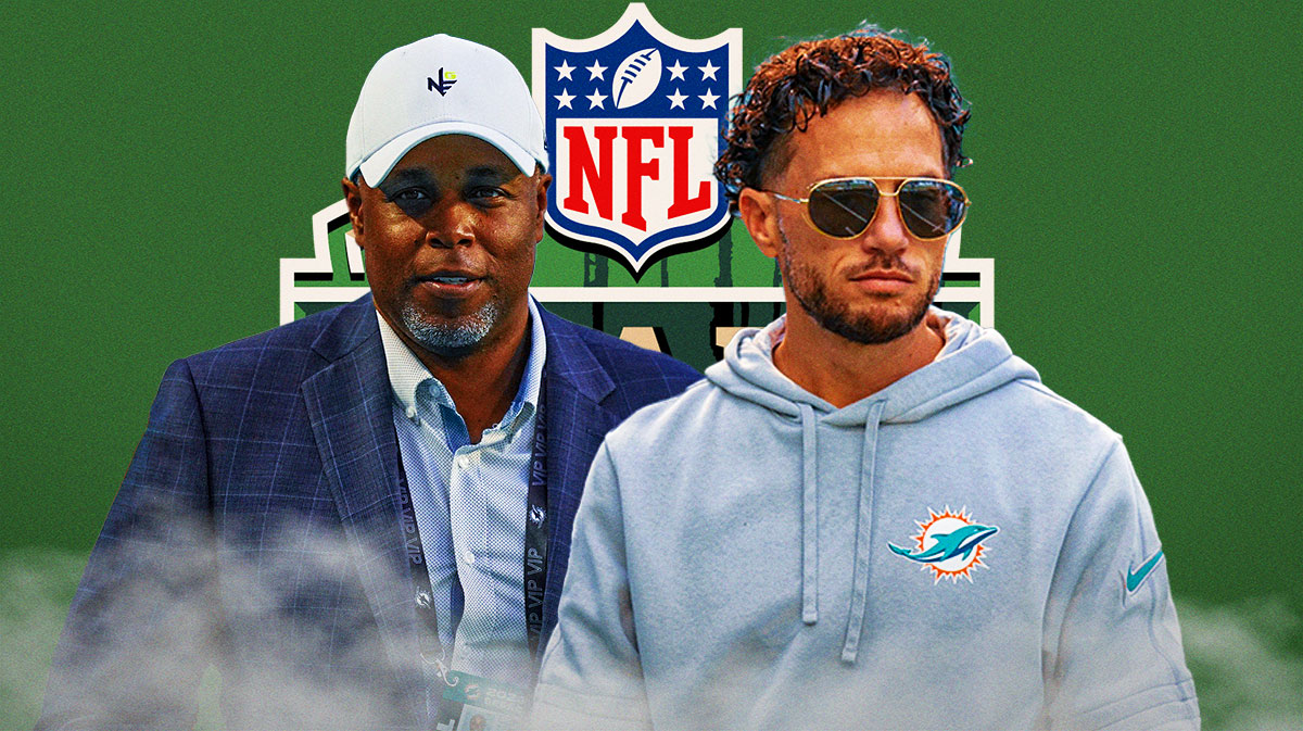 Dolphins GM Chris Grier and Dolphins HC Mike McDaniel. 2025 NFL Draft logo in background